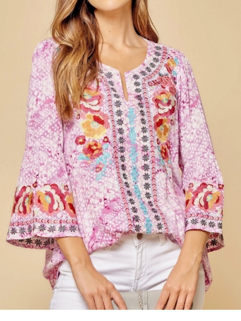 Savanna Jane Pink Embroidered Boho Floral Bell Sleeve Rayon Top Size 1X Western